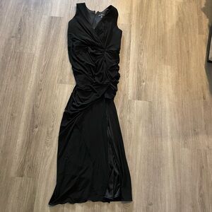 Black Evening Gown with left side split, ruched bodice, tulip back